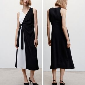 Mango black white Bicolor bow tie wrap dress